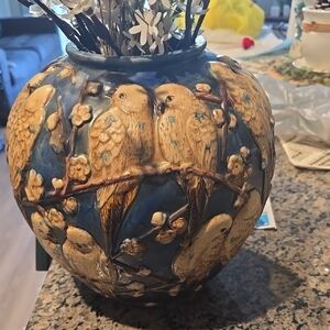 Blue and Tan Bird Vase